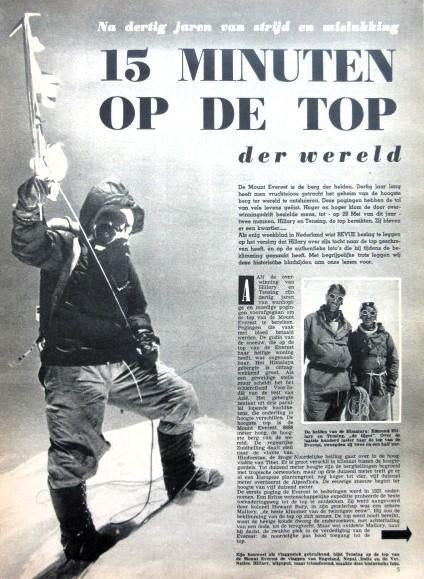Artikel over beklimming Mount Everest 1953 Hillary klimmen, Verzamelen, Tijdschriften, Kranten en Knipsels, Tijdschrift, 1940 tot 1960