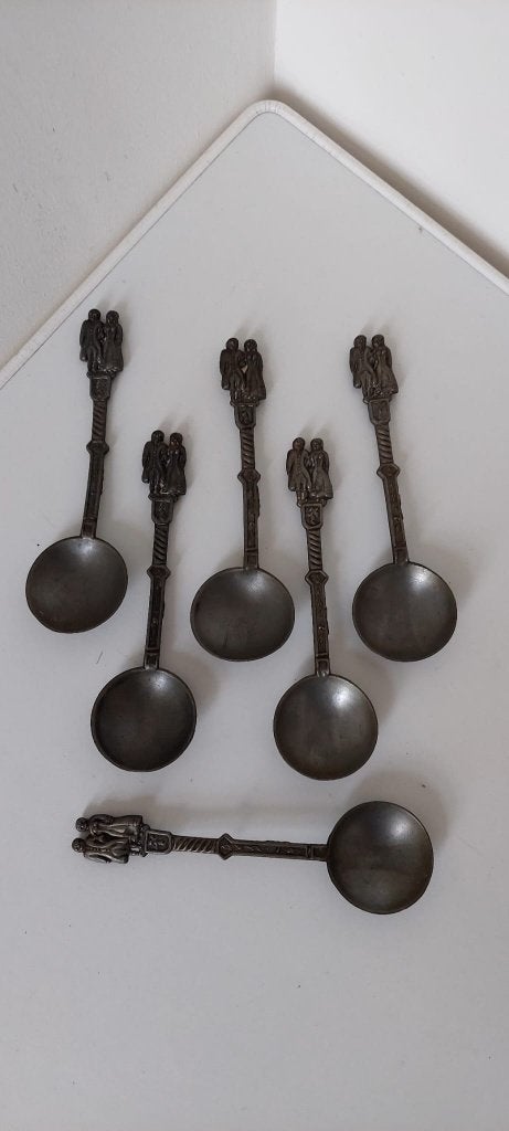 6 Vintage Tinnen lepels / Trouwlepels (20 cm) Antieke Stijl, Ophalen of Verzenden