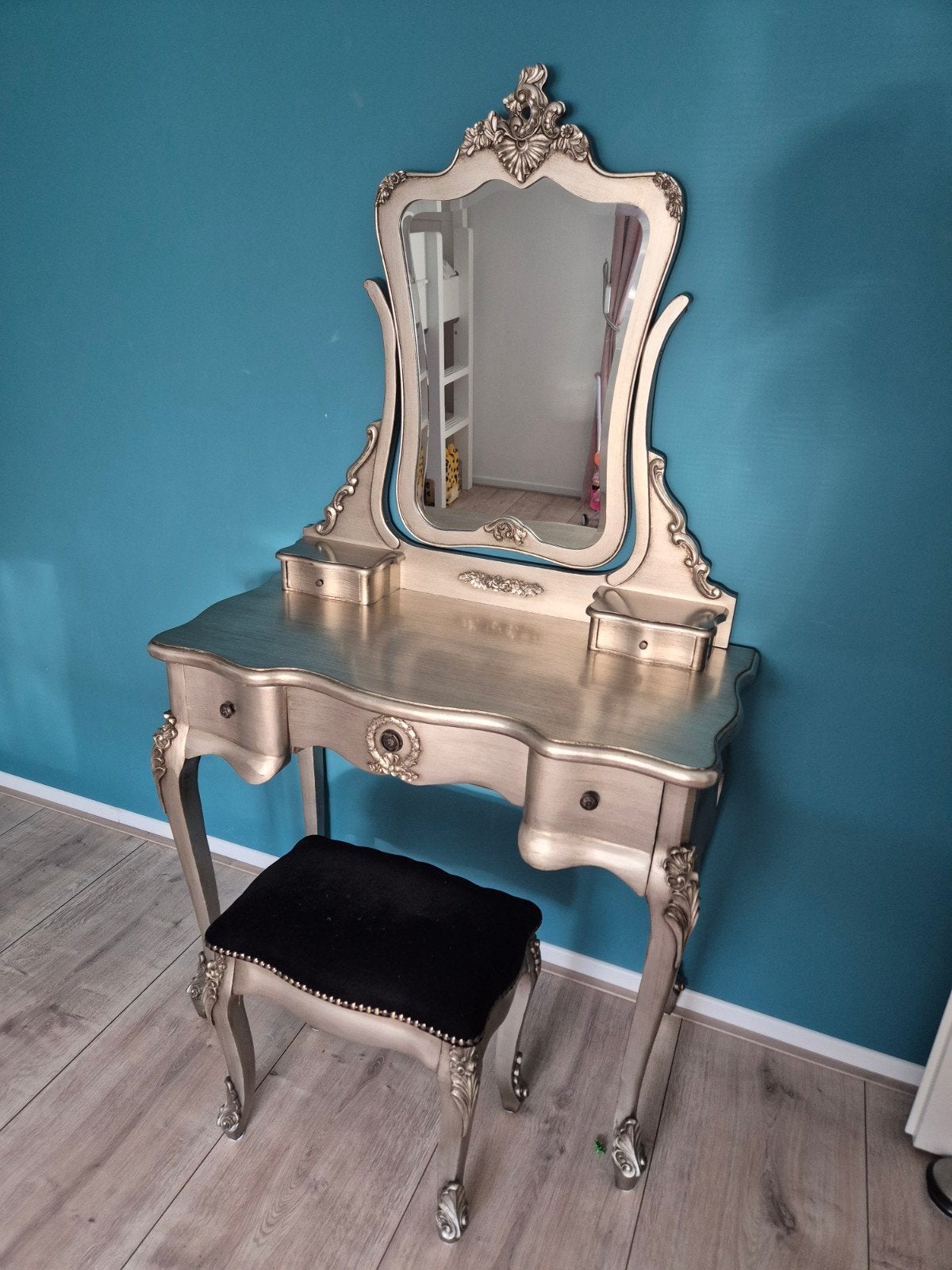 Barok kaptafel met spiegel en krukje - Goudkleurig, Ophalen, Barok style, 50 tot 100 cm, Zo goed als nieuw