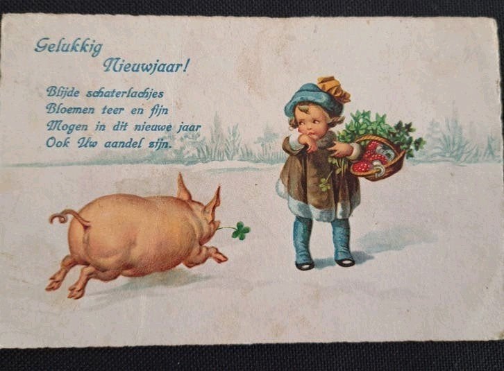 Nieuwjaarskaart met Varken, klavertjevier 1934, Ophalen of Verzenden, 1920 tot 1940, Gelopen, Overige thema's