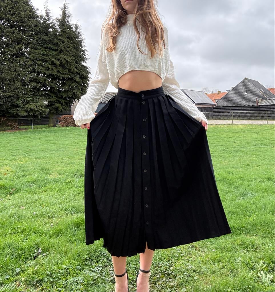 Vintage Lange Zwarte Chique Rok Met Knoopjes Maat S, Zwart, Ophalen of Verzenden, Maat 36 (S), Gedragen