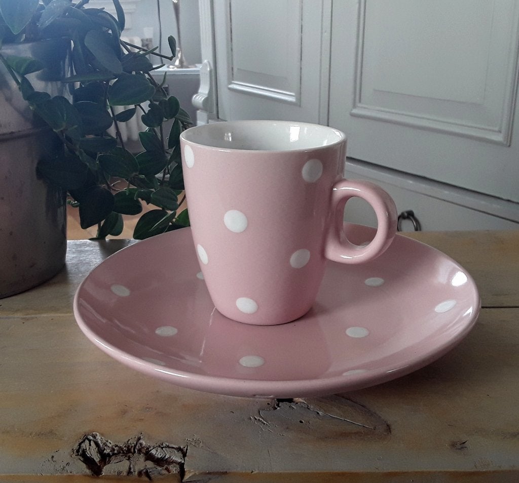 Ontbijtset polkadots - roze - stippen - Union Pacific Table, Huis en Inrichting, Keuken | Servies, Gebruikt, Keramiek, Ophalen of Verzenden