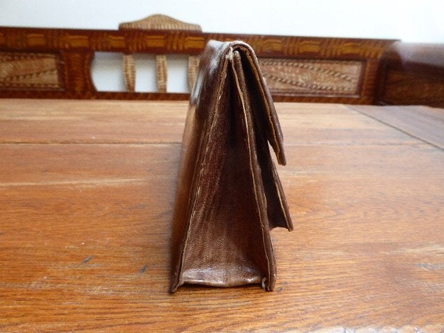 Vintage leren clutch met slangenleren details, Ophalen of Verzenden, Zo goed als nieuw, Bruin, Avondtasje