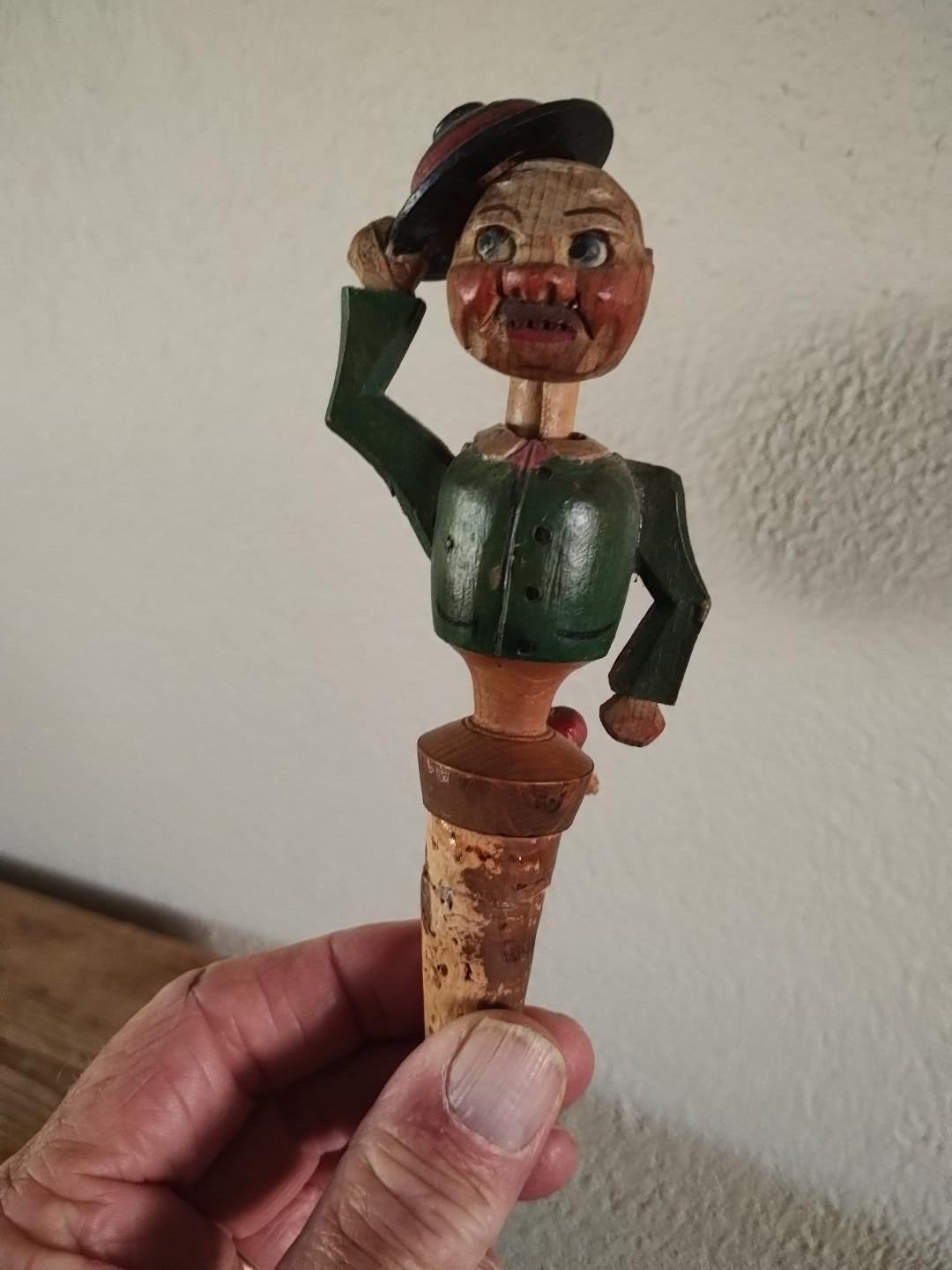 Vintage houten flesstopper met mannetje, Ophalen of Verzenden