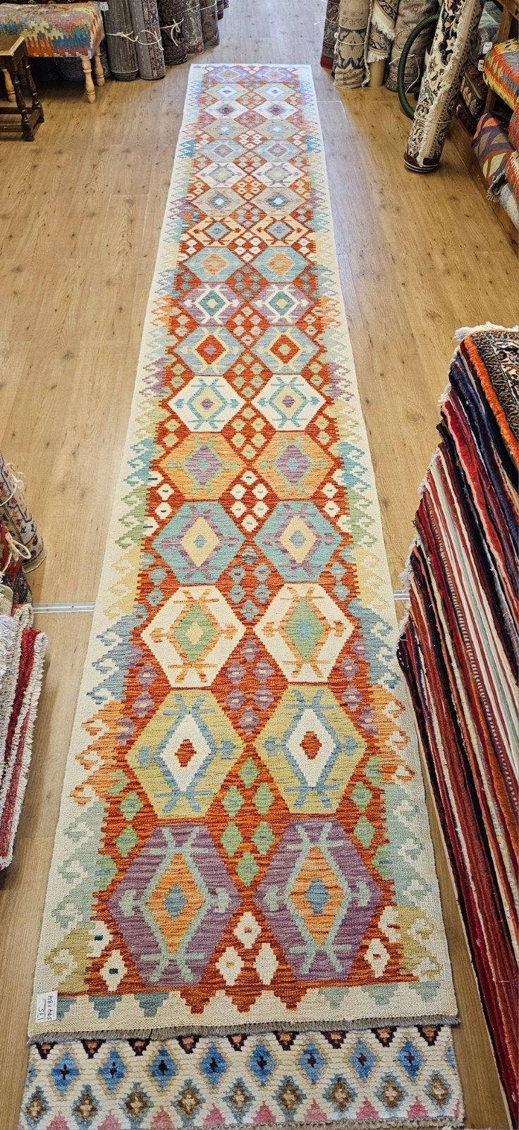 Handgeweven oosterse wollen kelim loper 594x84, Info@SlatsAntiek.nl, Geel, Vof Slats Antiek, Kelim