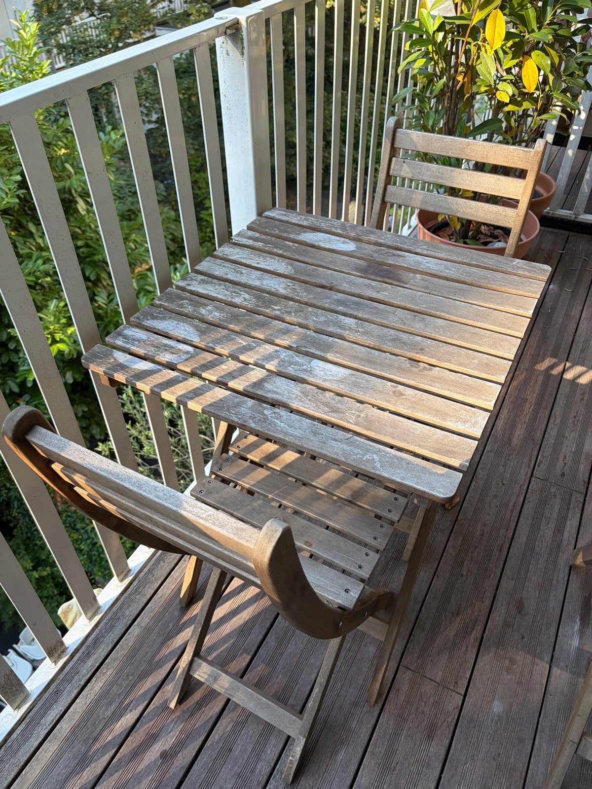 Houten tuinset: tafel en 2 stoelen, Ophalen, Gebruikt, Vierkant, Hout