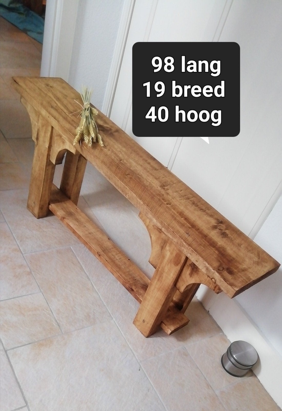 Houten bijzettafel/bankje - 98x19x40 cm, Huis en Inrichting, Gebruikt, Bruin, Rustiek, Ophalen of Verzenden