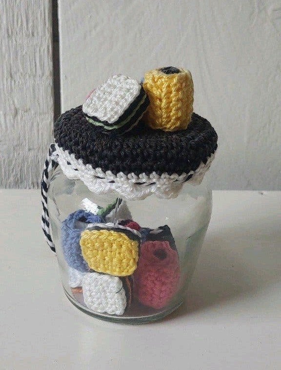 gehaakte Engelse drop in glazen potje vintage  decoratie, Ophalen of Verzenden, Gebruikt