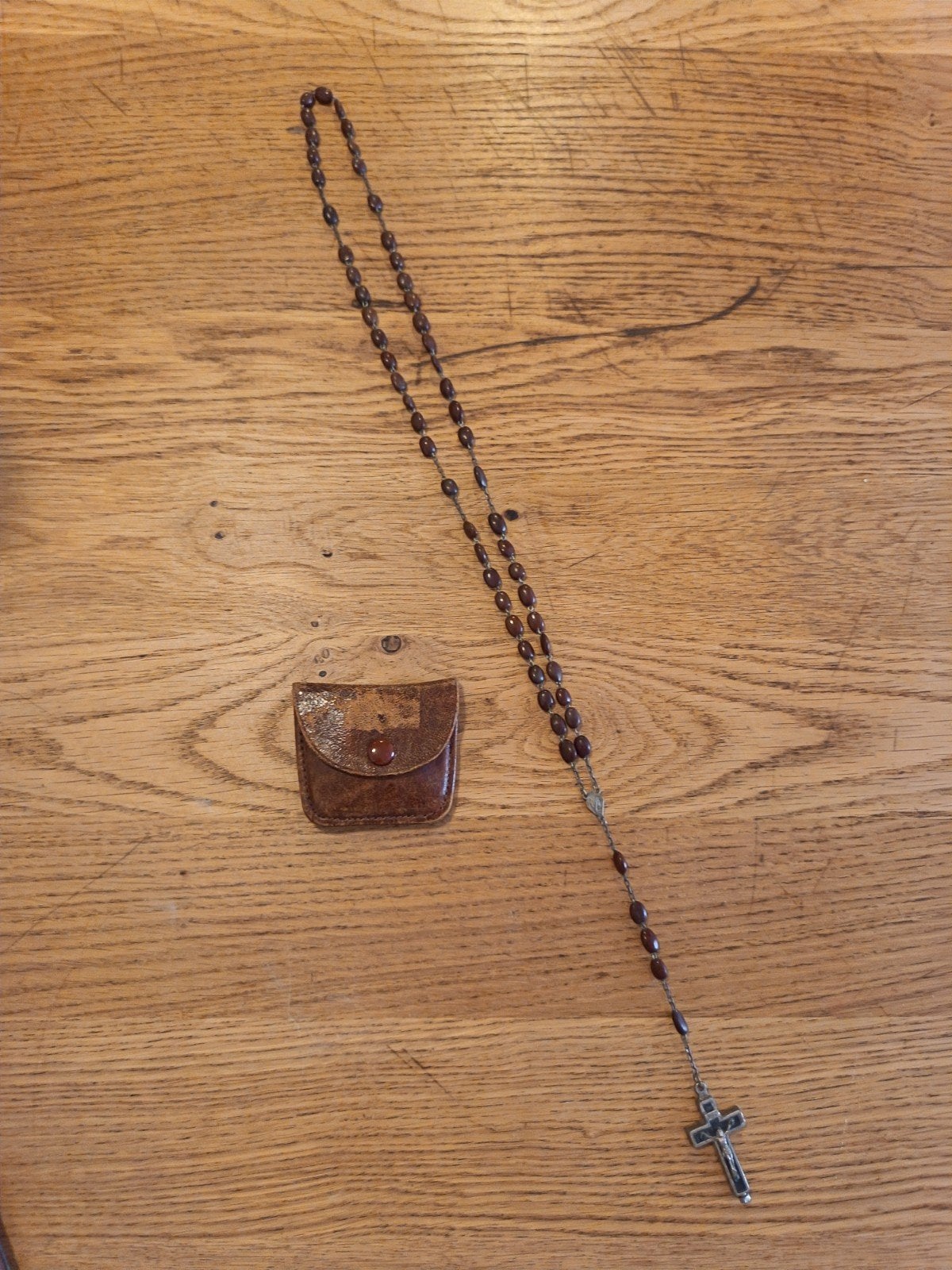 Antieke Rozenkrans met Kruis en Leren Zakje, Antiek en Kunst, Ophalen of Verzenden