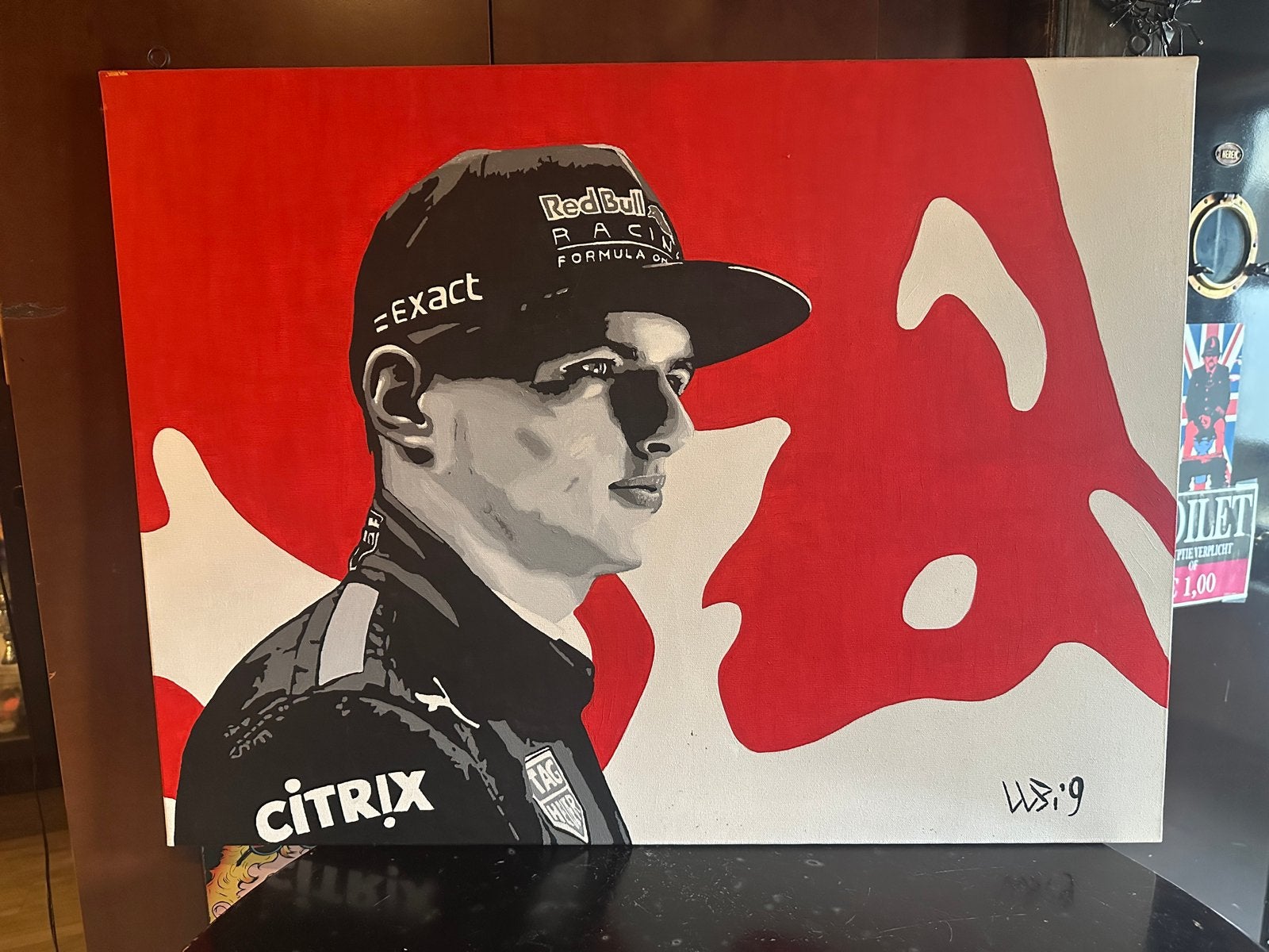 Handgeschilderd Max Verstappen schilderij op linnen, Ophalen, Textiel, Gesigneerd, Portret
