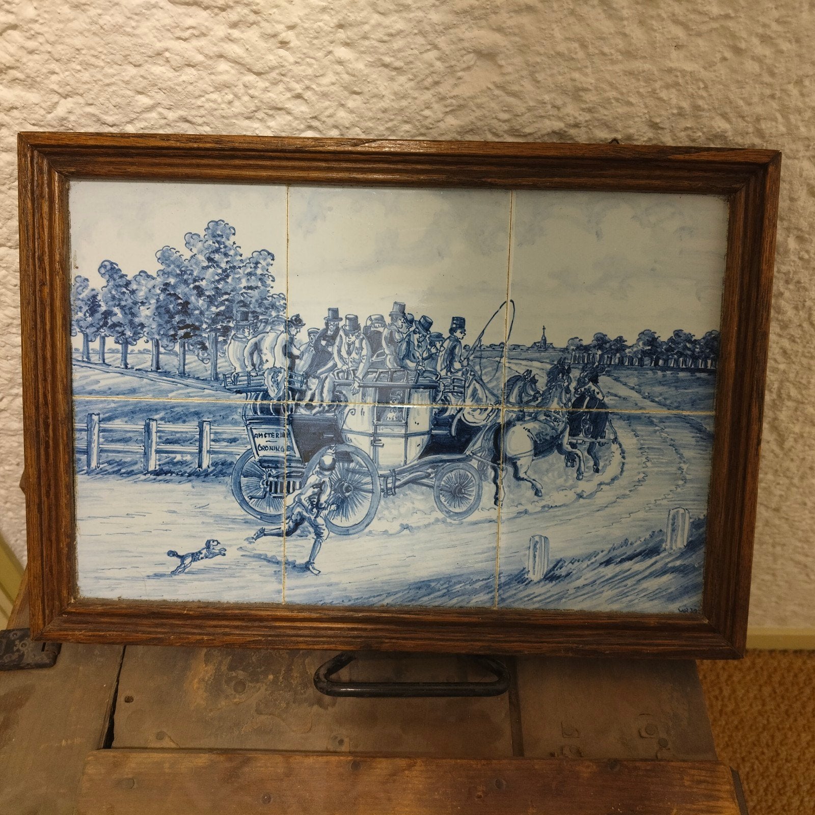 Delfts blauw tegeltableau - Koets met paarden, Antiek en Kunst, Antiek | Wandborden en Tegels, Ophalen of Verzenden