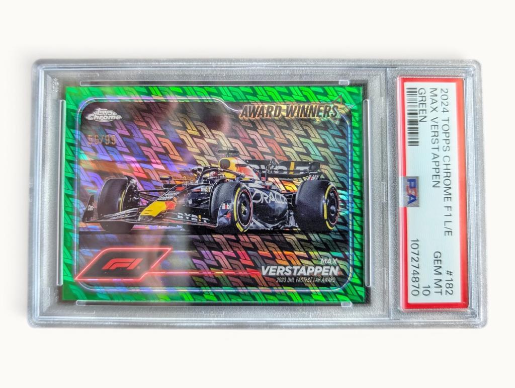 Topps chrome f1 2024 max verstappen 188 /99 PSA10 green log, Ophalen of Verzenden, Zo goed als nieuw, Plaatje