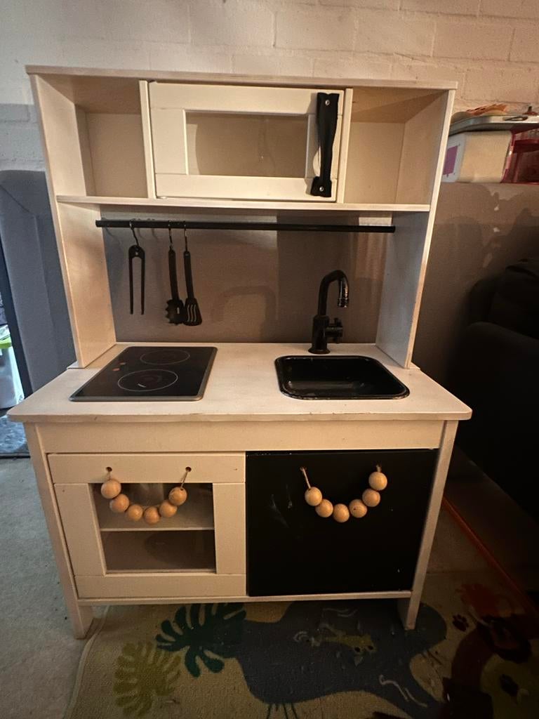 Houten speelkeuken met accessoires - Wit/Zwart, Ophalen, Gebruikt, Hout, Speelkeuken