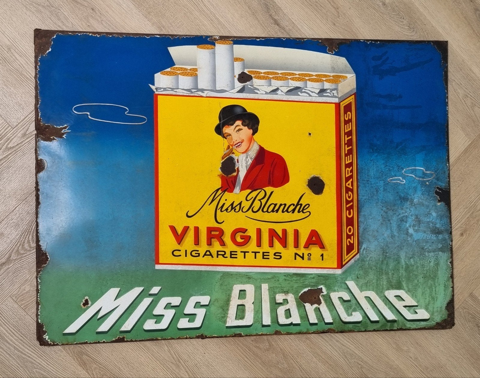 Antiek emaille bord reclamebord Miss Blanche kunst, Verzamelen, Ophalen of Verzenden, Gebruikt, Reclamebord