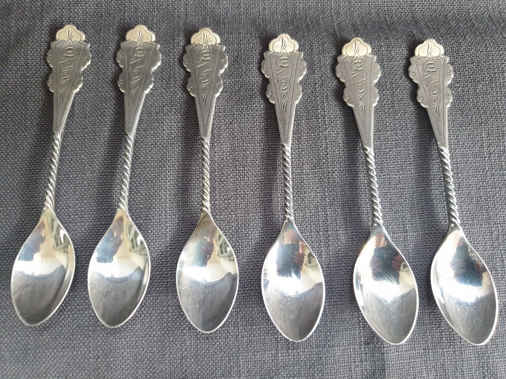 6 Biedermeier lepeltjes Douwe Egberts., Ophalen of Verzenden, Zo goed als nieuw, Rvs of Chroom
