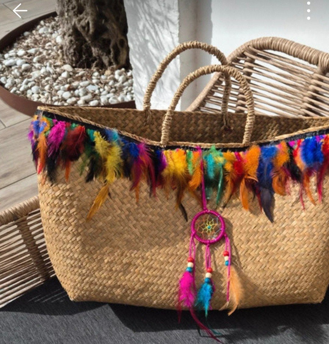 Vrolijke Ibiza rieten strandtas met veren en dromenvanger, Ophalen, Nieuw, Overige kleuren, Overige typen