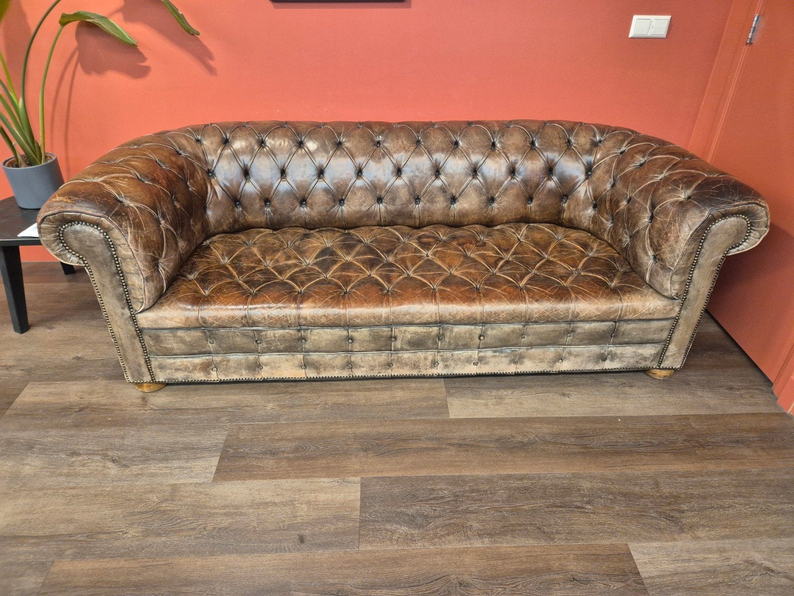 Antieke Chesterfield Bank - Bruin Leer, Ophalen of Verzenden