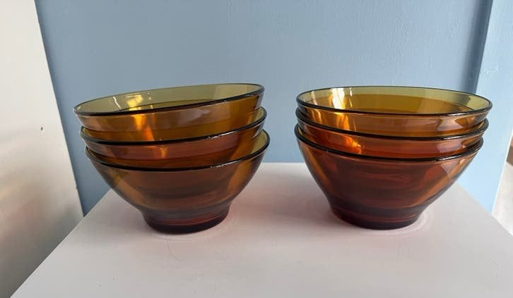 6 vintage amberkleurige schaaltjes, kommen Vereco France., Ophalen of Verzenden
