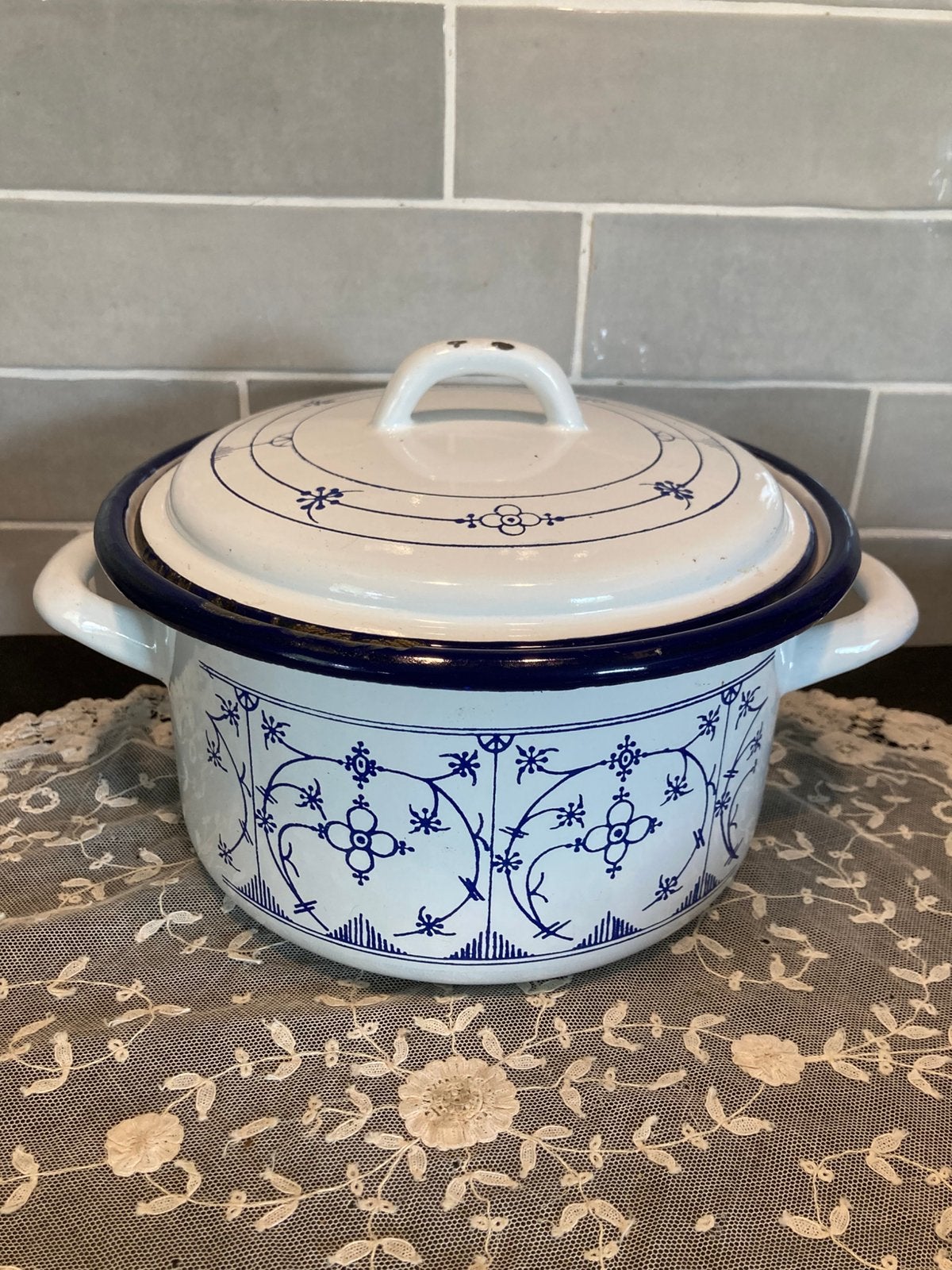Vintage emaille pan, blau saks (090825c), Antiek en Kunst, Ophalen of Verzenden