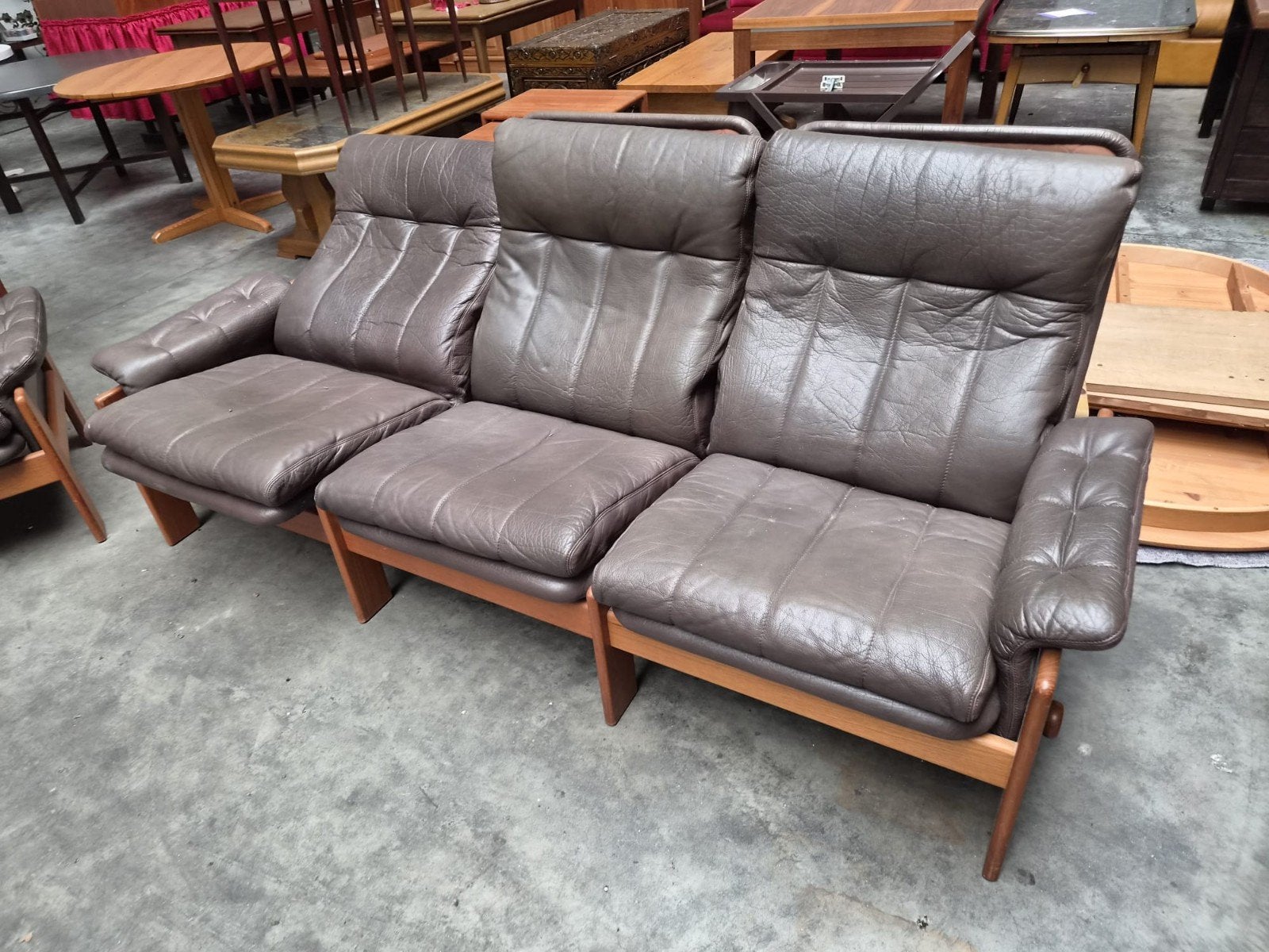 Vintage Sven Ellekaer Skippers 3 zits 2 fauteuils teak leer, Antiek en Kunst, Ophalen, Bruin, Overige typen, Leer