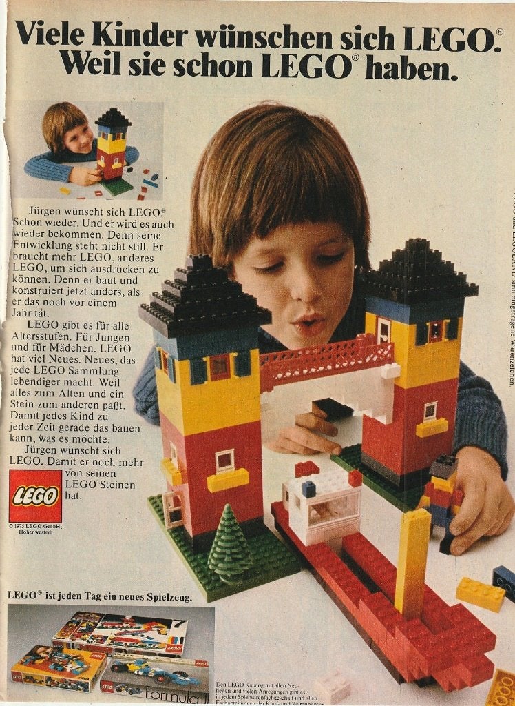retro reclame 1975 Lego speelgoed jongetje Jürgen met brug, Verzenden, Overige typen