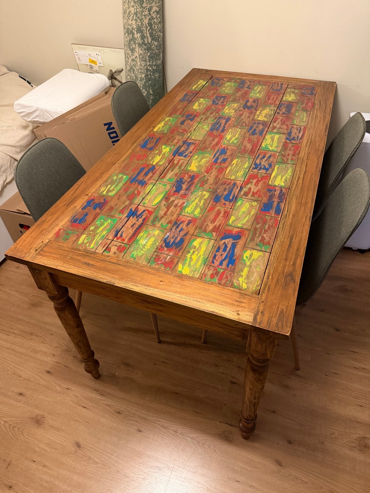 MOET NU WEG: Unieke houten eettafel met kleurrijk blad, Huis en Inrichting, Gebruikt, 150 tot 200 cm, Vier personen, Rechthoekig