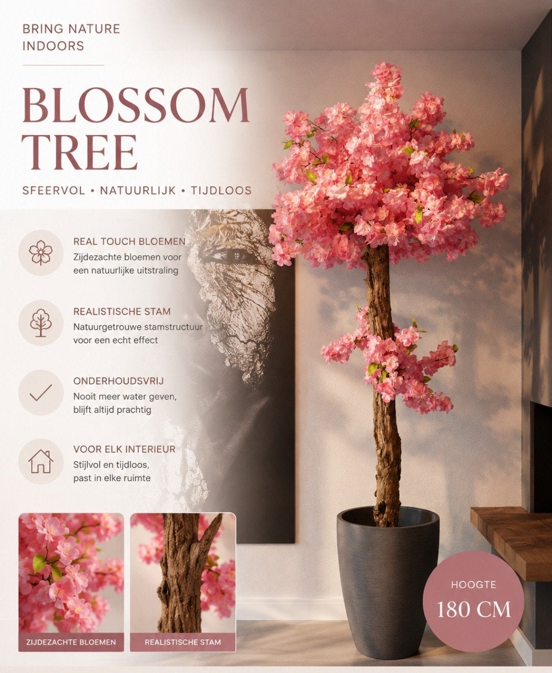 echte oude  houten stam vol mooie kunstbloemen, Ophalen of Verzenden, Nieuw