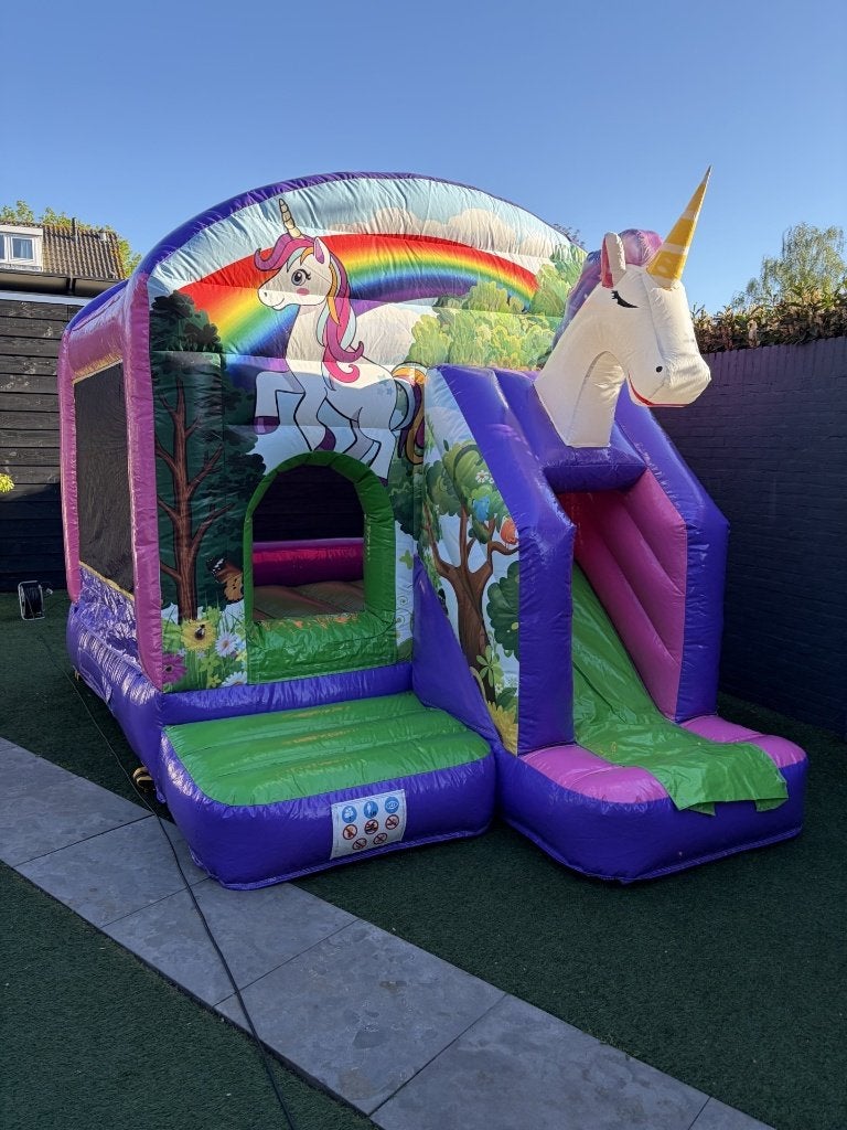 Springkussen unicorn te huur €75,-, Ophalen, Zo goed als nieuw, Overige