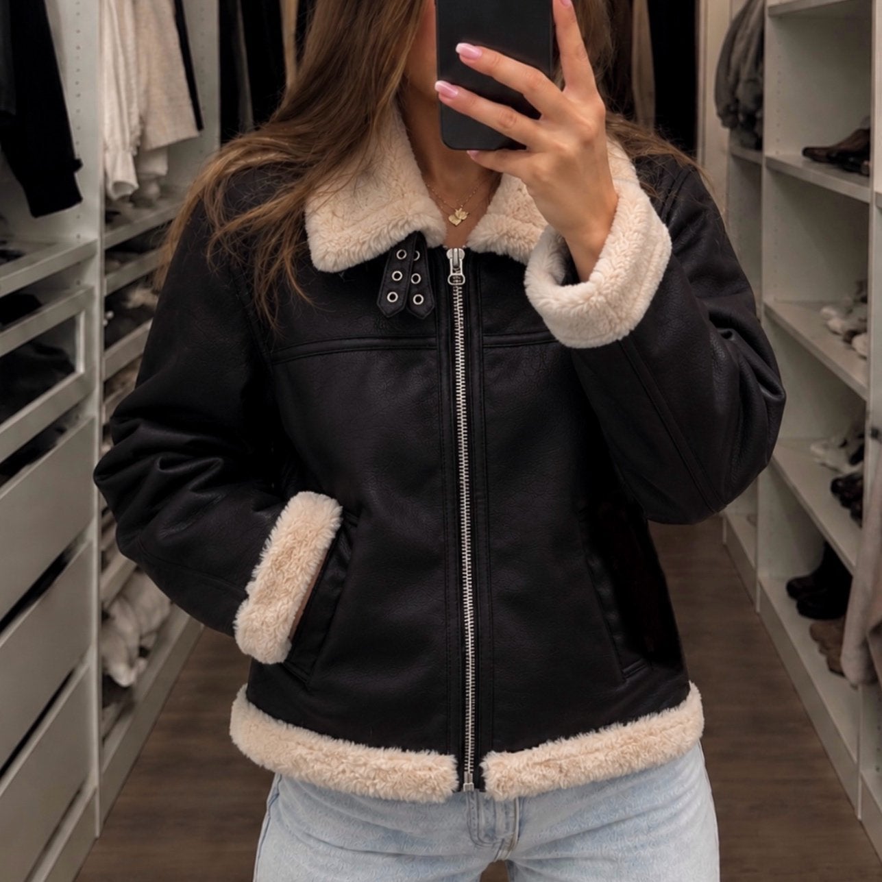 H&M Faux Leren Sherpa Teddy Biker Herfst Winter Jas Jack, Verzenden, Nieuw, Maat 34 (XS) of kleiner, Zwart