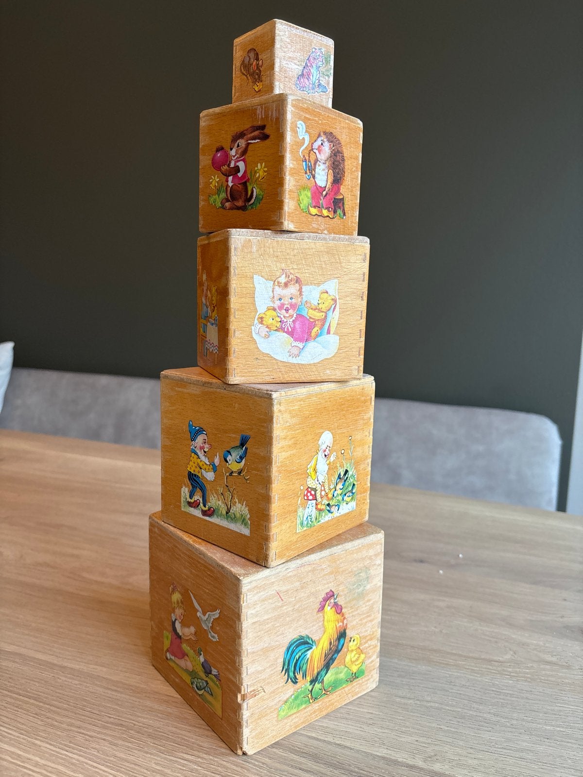 Vintage Antieke Houten Blokkentoren met Illustraties, Ophalen of Verzenden, Gebruikt, Overige typen