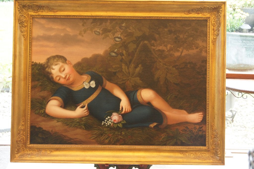 Slapend kind op een bosgrond ( Romantische schilderij, Antiek en Kunst, Kunst | Schilderijen | Klassiek, Ophalen, Origineel werk