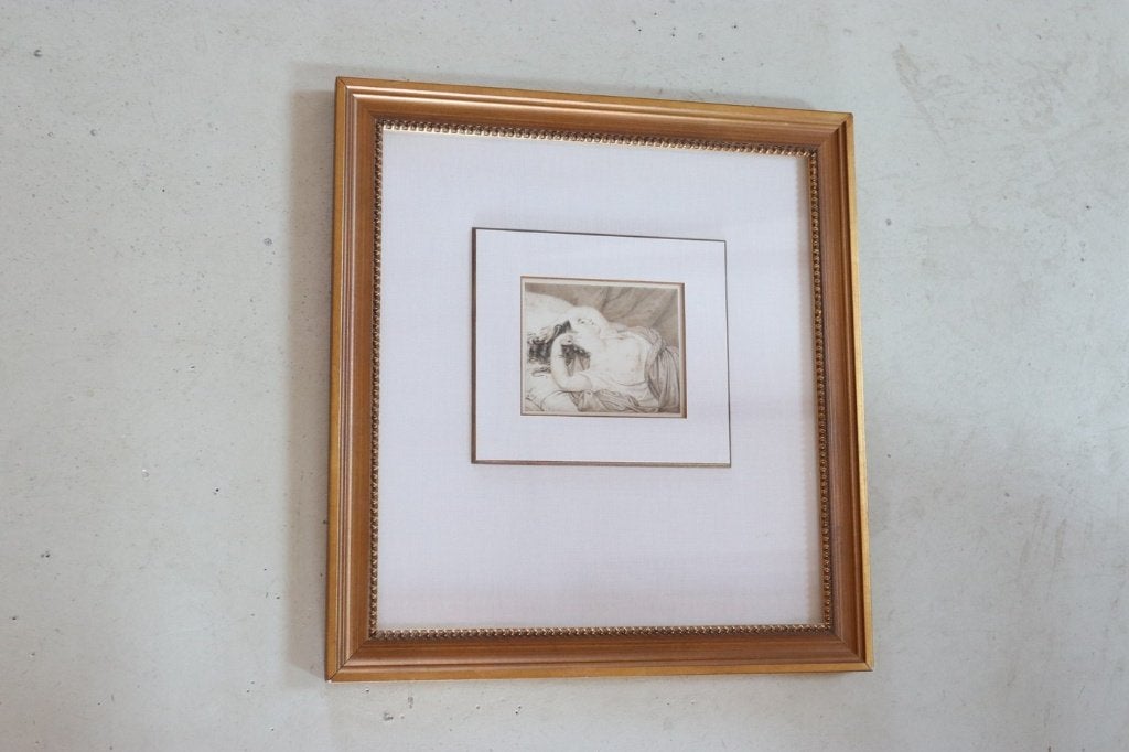 Oude gravure prent liggende vrouw – ingelijst 35x37cm, Antiek en Kunst, Ophalen, Ingelijst, 35 cm, Gravure
