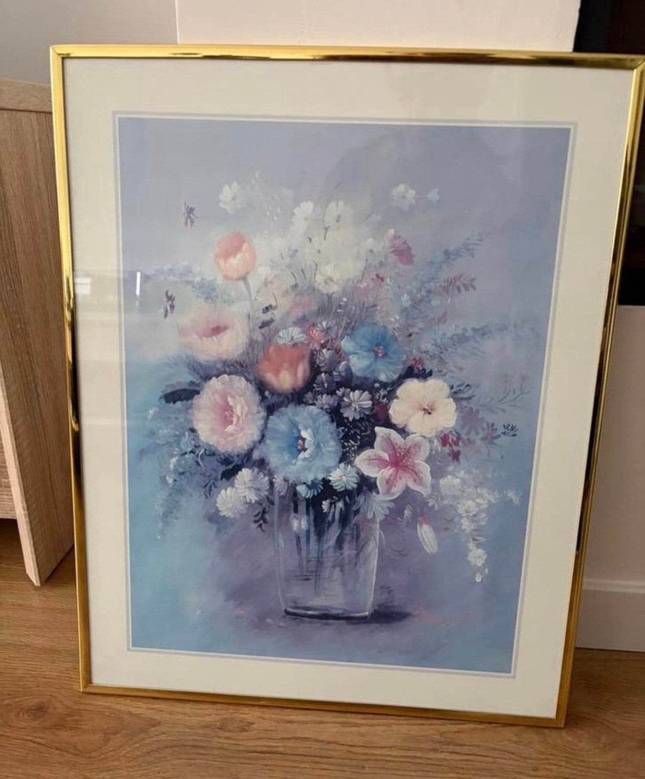 Schilderij met bloemen in vaas, ingelijst, Antiek en Kunst, Kunst | Schilderijen | Klassiek, Realistisch, Print, Papier, Ophalen