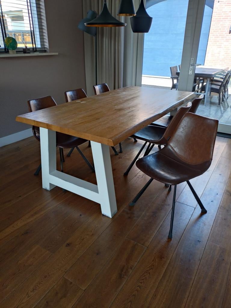 Eiken eettafel met wit A onderstel - Massief blad  6 stoelen, Ophalen, Eikenhout, 50 tot 100 cm, Zo goed als nieuw