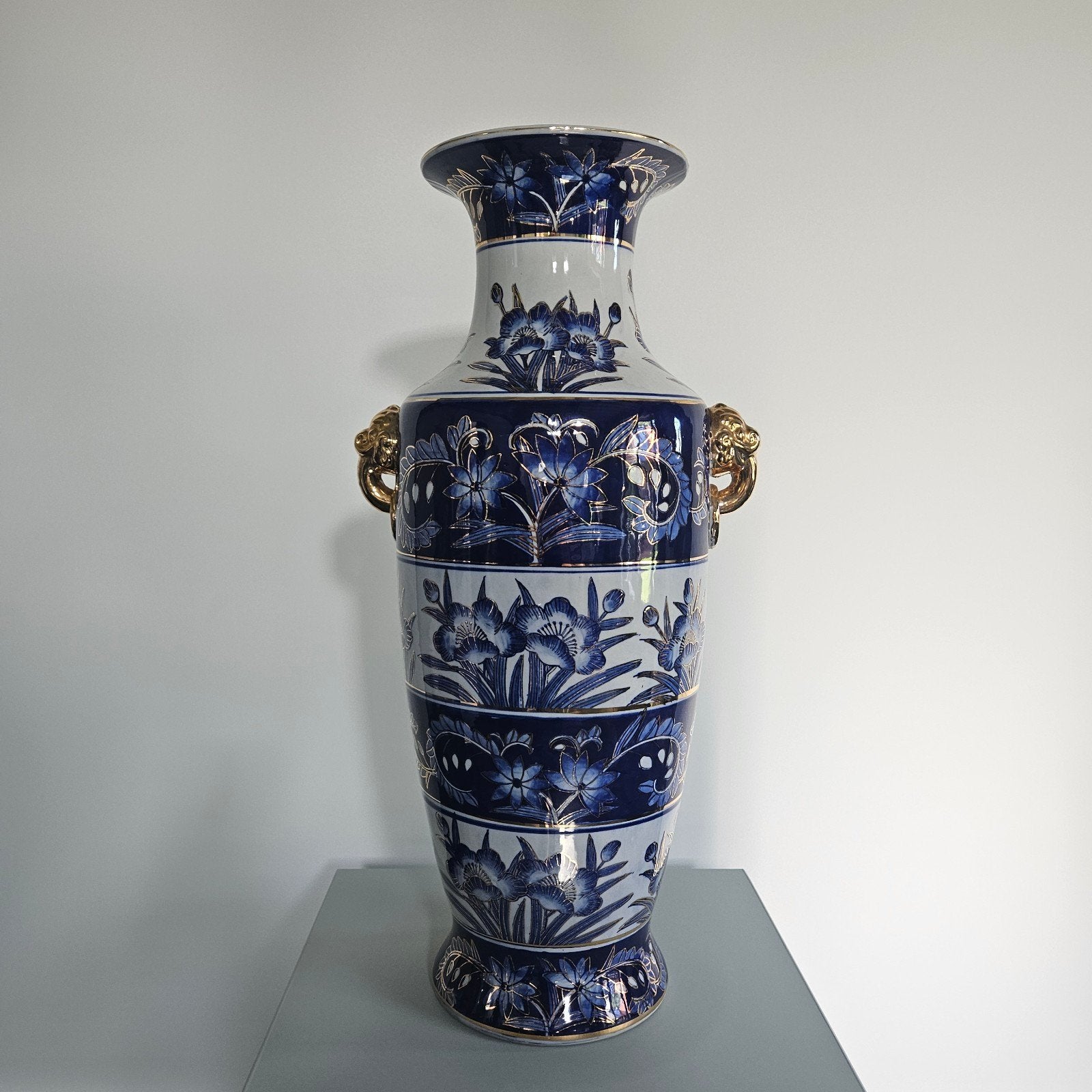 Vintage vaas blauw met gouden accenten - 61 cm hoog, Antiek en Kunst, Ophalen