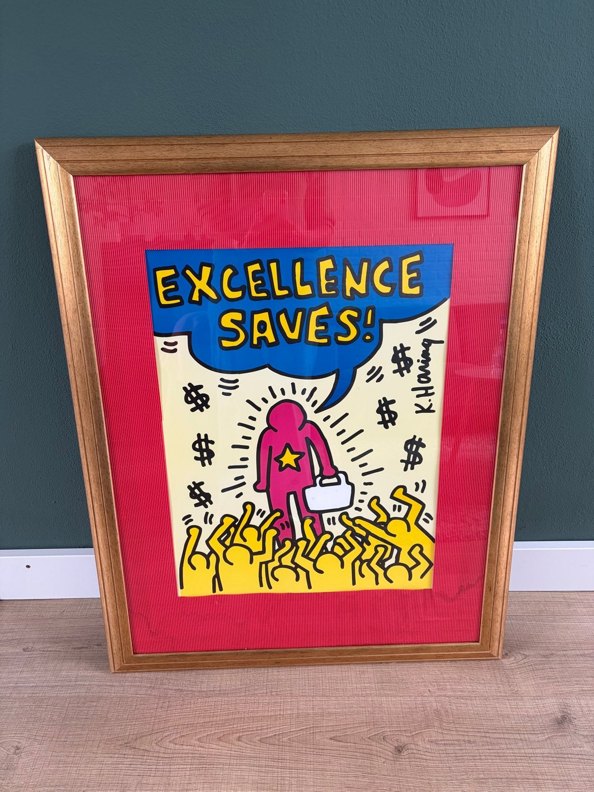 Keith Haring "Excellence Saves!" poster in lijst, Ophalen, Gebruikt, 75 tot 100 cm, Foto of Poster