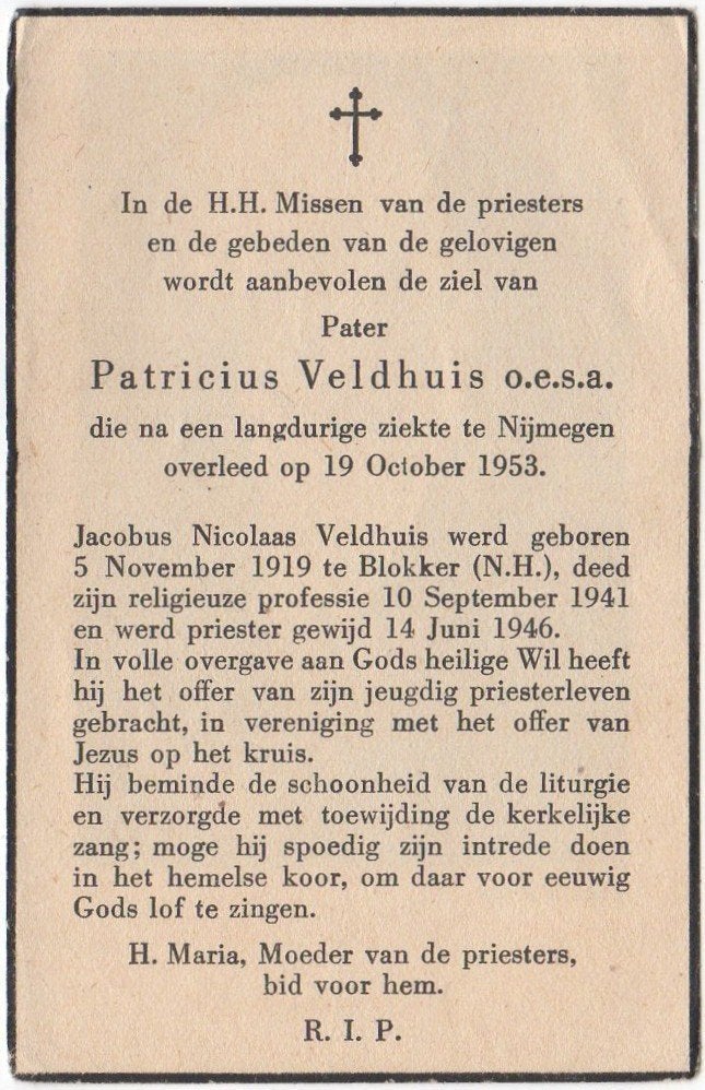 pater Jacobus Veldhuis 1919 Blokken (N.H.) + 1953 Nijmegen, Verzamelen, Bidprentjes en Rouwkaarten, Verzenden