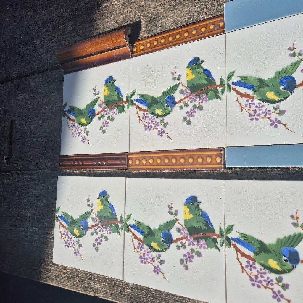 50 art nouveau wandtegels met 2 vogels op tak felle kleuren, Ophalen