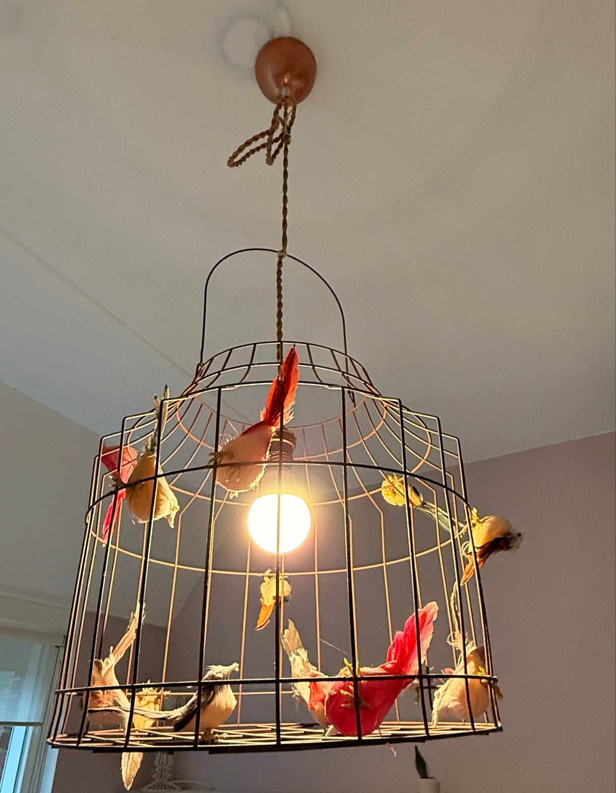 Vogelkooi hanglamp met decoratieve vogels, Ophalen, Zo goed als nieuw, Metaal, E27 (groot)