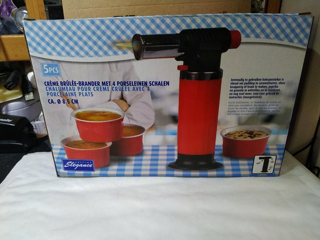 CRÈME BRÛLÉE-BRANDER MET 4 PORSELEINEN SCHALE, Overige typen, Nieuw, Ophalen of Verzenden, Overige stijlen