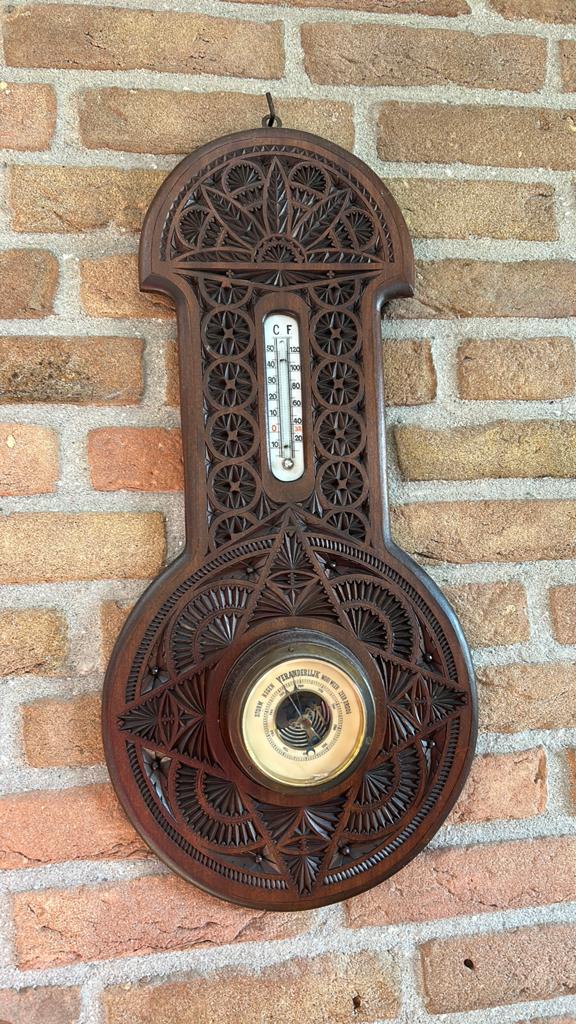 Antiek Houten Weerstation met Barometer en Thermometer, Ophalen, Gebruikt, Weerstation