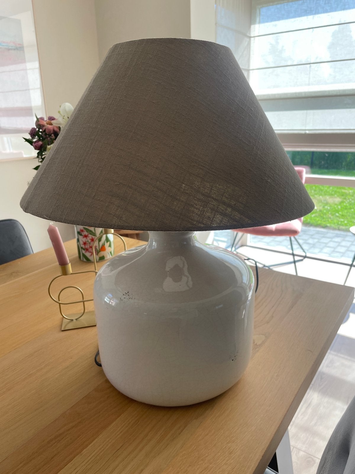 Witte tafellamp met linnen kap - 53 cm hoog, Gebruikt, Keramiek, Wit, Met kap