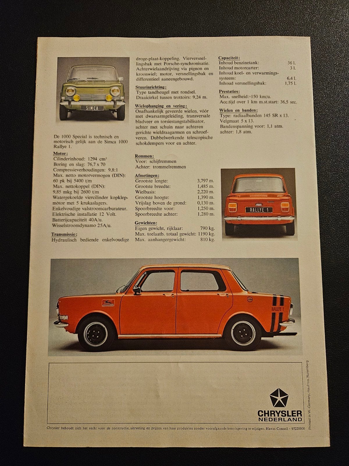 Brochure Simca 1000 Rallye 1 1972, Ophalen of Verzenden, Zo goed als nieuw, Overige merken