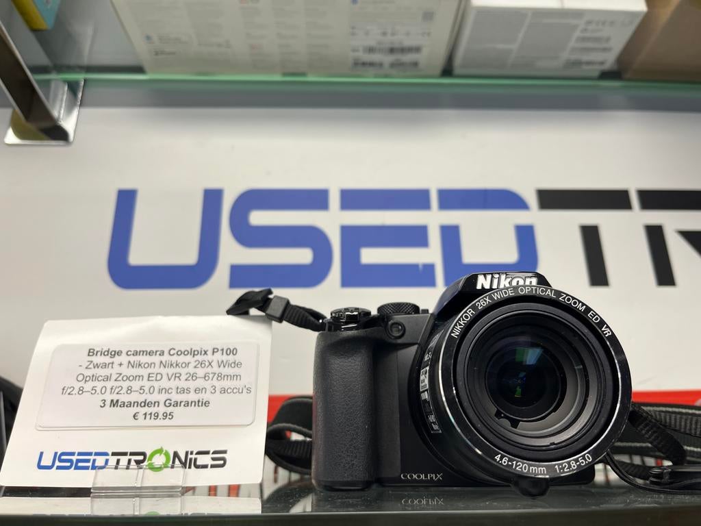Nikon Coolpix P100 Bridge Camera - Zwart met 3 accu's, Audio, Tv en Foto, Fotocamera's Digitaal, Zo goed als nieuw, Compact, Nikon