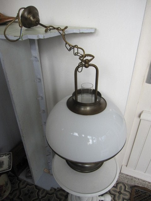 grote vintage messing hanglamp met glazen kap 64x44, Ophalen, Zo goed als nieuw, Glas, 50 tot 75 cm