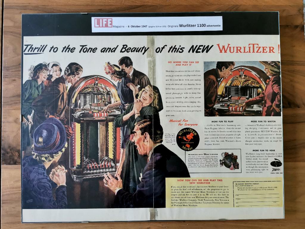 Originele Wurlitzer 1100 dubbeladvertentie - 6 oktober 1947, Verzamelen, Automaten | Jukeboxen, Ophalen of Verzenden, Zo goed als nieuw