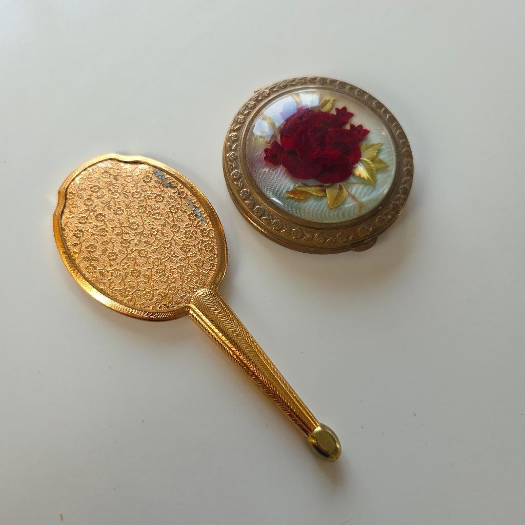 Vintage handdpiegel en poederdoos Crest, Verzenden