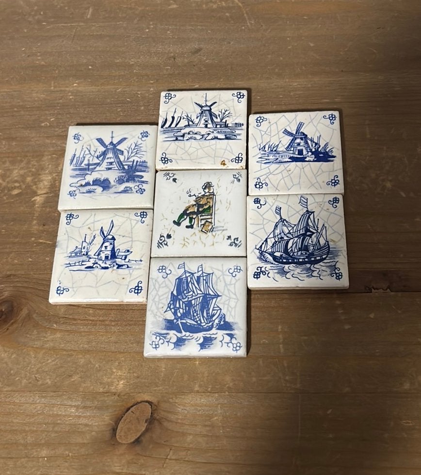 Set van 7 Vintage Delfts Blauw Miniatuurtegeltjes, Antiek en Kunst, Ophalen of Verzenden