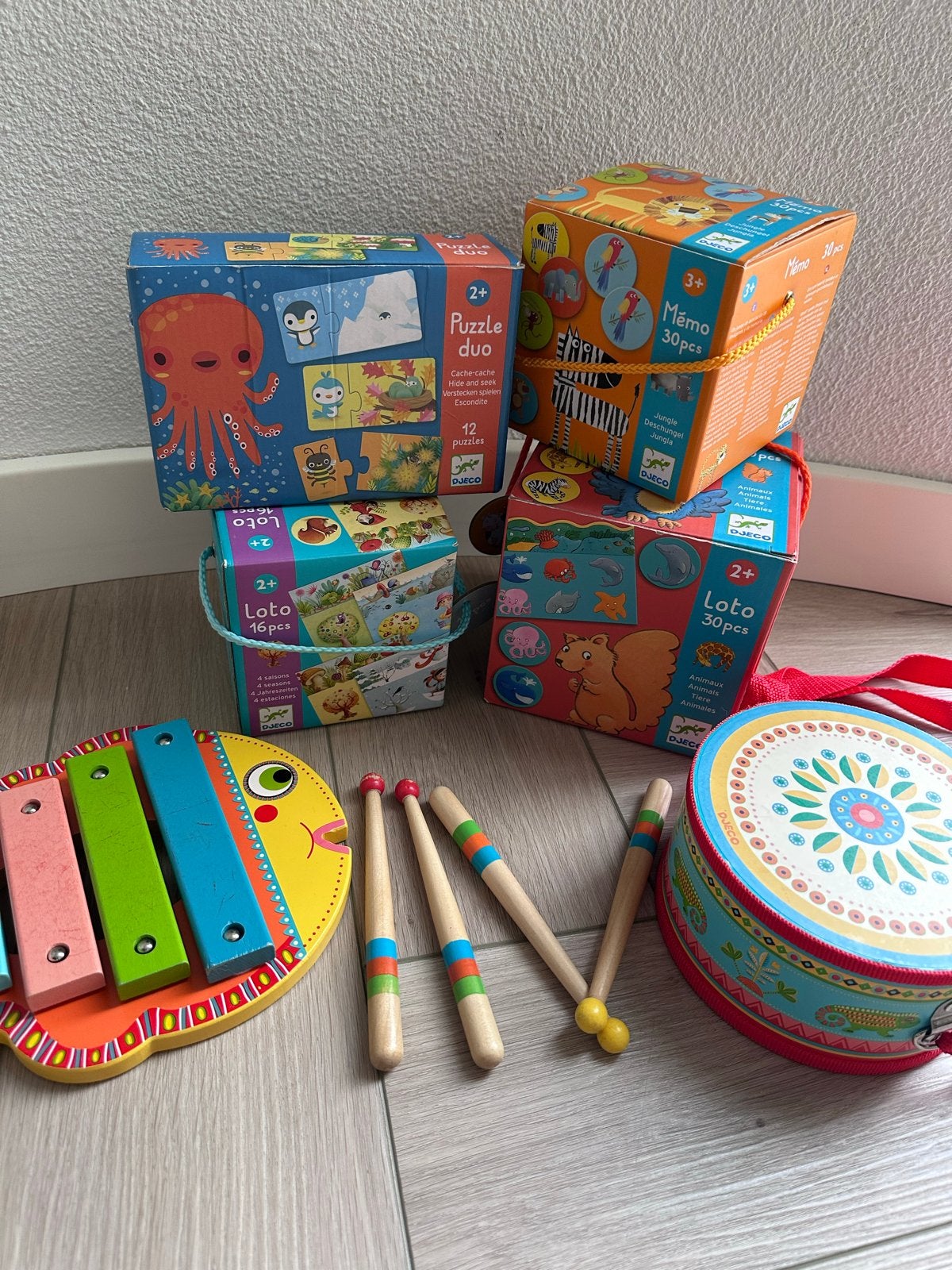 Djeco speelgoed set: Puzzels, Memo, Loto, Xylofoon, Trommel, Ophalen of Verzenden, Gebruikt