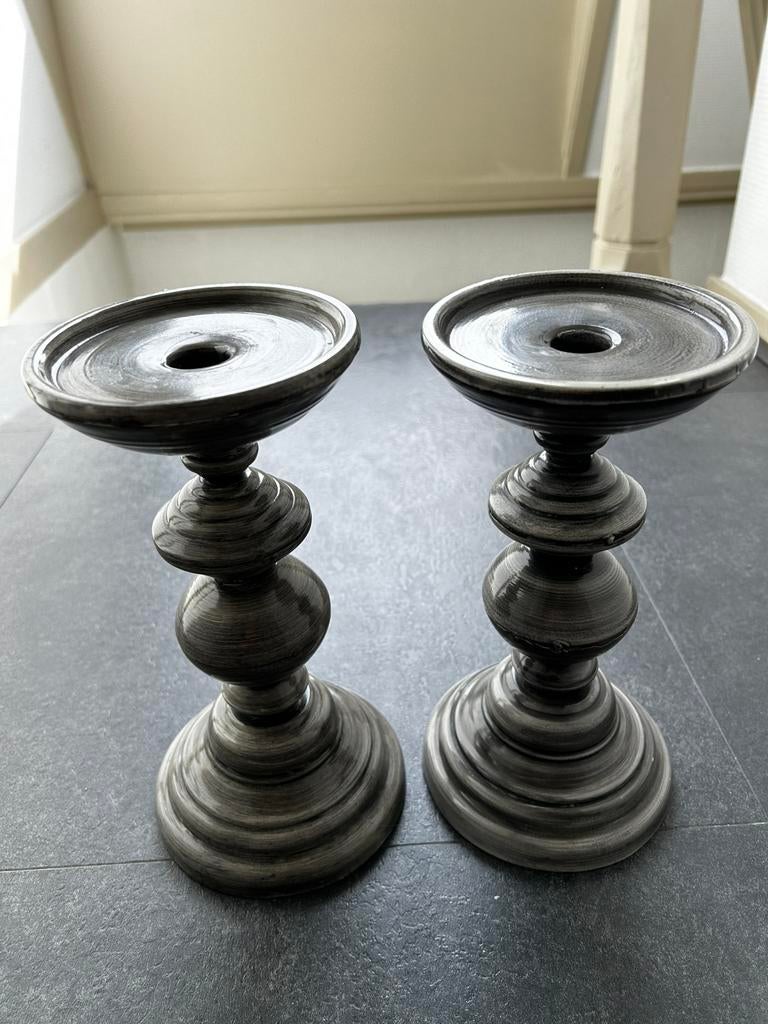 Metalen kandelaar grijs klassieke baluster- of spindelvorm, Ophalen of Verzenden, Zo goed als nieuw, Metaal, Grijs